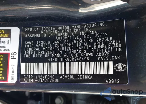 2012 Toyota Camry Le z USA, uszkodzony, nr VIN 4T4BF1FK8CR248498